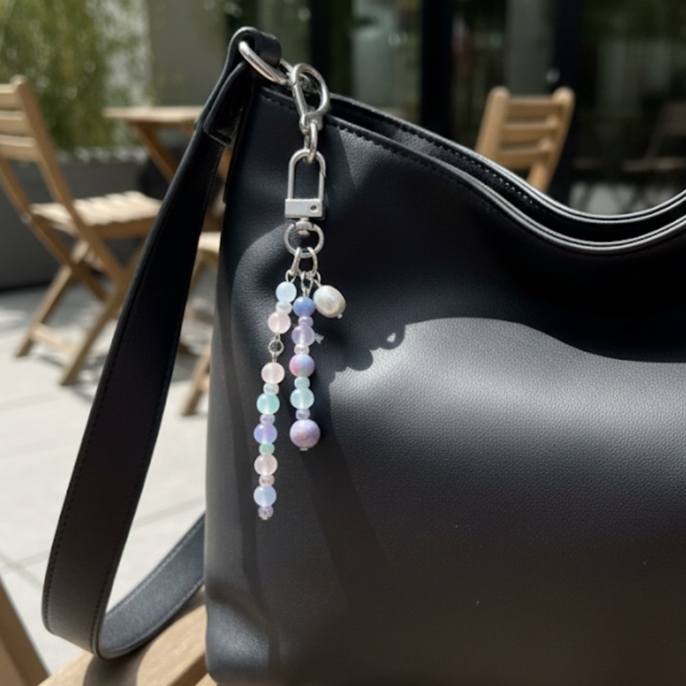 Pastel Swirl Handmade Beaded Bag Charm Keychain with Real Pearl Charm